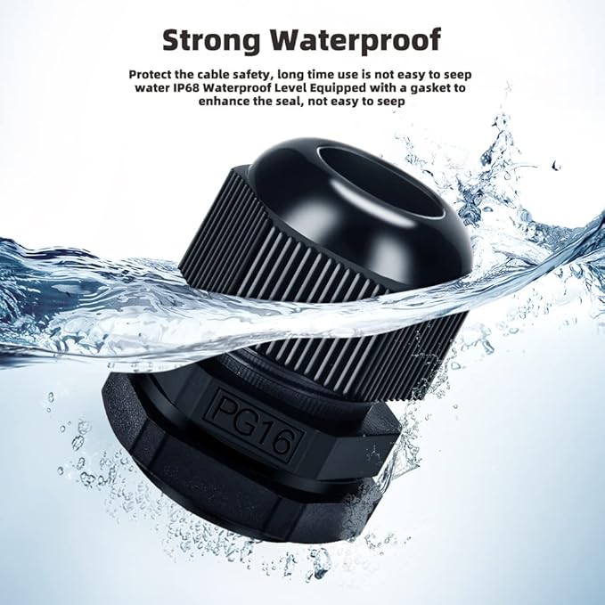 CGELE Cable Gland 20 Pack Plastic Waterproof Adjustable Connector 9-14mm PG16 Strain Relief Cord Connectors Joints Nylon with Gaskets