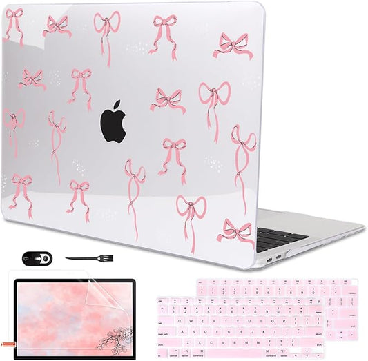 LCMOCICO Compatible with 2021 2020 2019 2018 MacBook Air 13 inch Case M1 A2337 A2179 A1932 with Touch ID, Crystal Clear Pattern Plastic Hard Shell Case for MacBook Air 13 M1 2021, Pink Bowknot