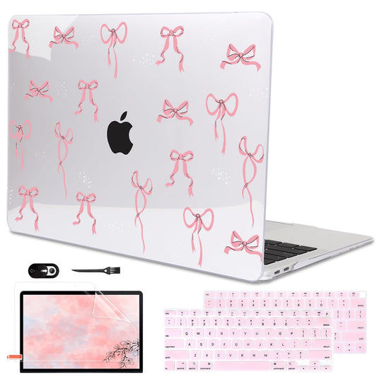 LCMOCICO Compatible with 2021 2020 2019 2018 MacBook Air 13 inch Case M1 A2337 A2179 A1932 with Touch ID, Crystal Clear Pattern Plastic Hard Shell Case for MacBook Air 13 M1 2021, Pink Bowknot
