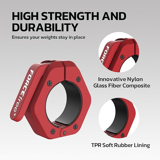 Forcefree+ Barbell Clips (Pair), Barbell Clamps, Quick Release Olympic Barbell Clamps with Anti Slip TPR Grip, Barbell Collars for Secure Weightlifting & Powerlifting (Non Magnetic, Red)