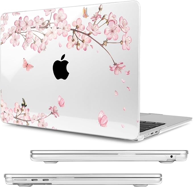 MecBevia Compatible with 2026 M5 MacBook Air 15 inch Case, 2026 2025-2023 M5 A3448 M4 A3241 M3 A3114 M2 A2941, Keyboard Cover, Screen Protector, Webcam Cover & Type-C OTG, Butterflies Sakura