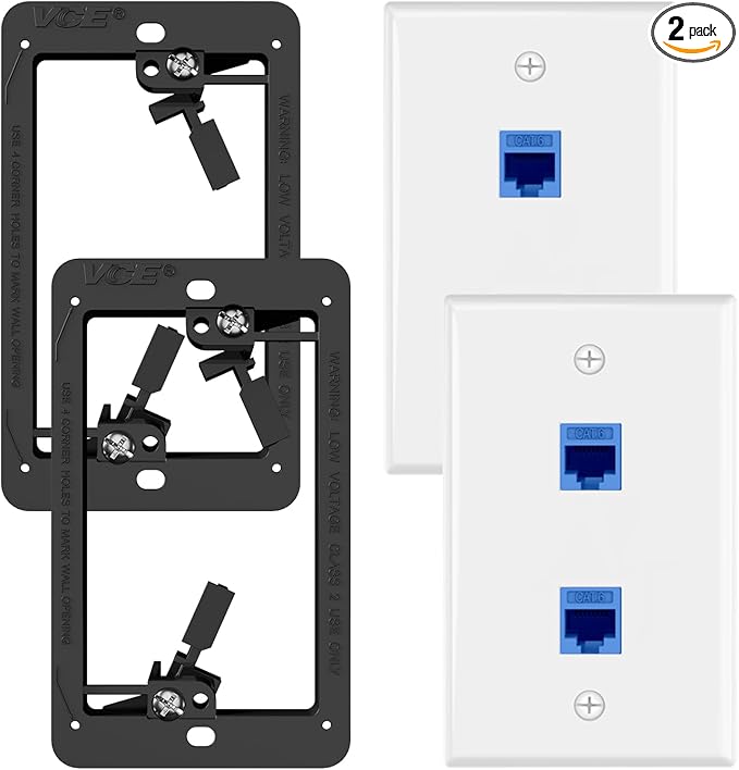VCE Ethernet Wall Plate (UL-Listed), 2-Port CAT6 Wall Plate and Jack, RJ45 Keystone Wall Outlet with Single Gang Low Voltage Mounting Bracket, Blue 2-Pack