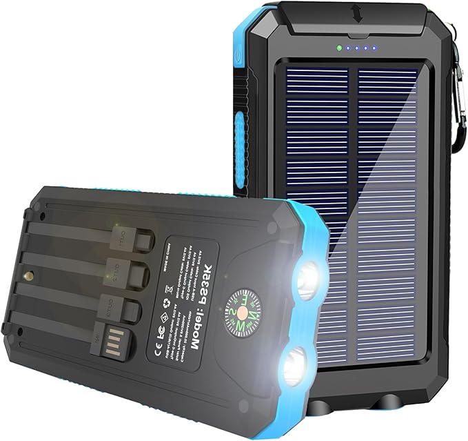 YELOMIN Solar Power Bank 20000mAh, Solar Charger Portable Phone Charger with 4 Built-in Cables, USB-C Fast Charging, Waterproof Battery Pack with Dual Flashlight for Camping Hiking Travel
