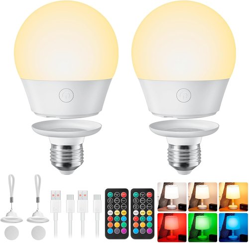 Brightown E26 Rechargeable Light Bulb - Remote & Timer, Dimmable 3 Color Temperatures + 9 RGB Colors | 2 Pack