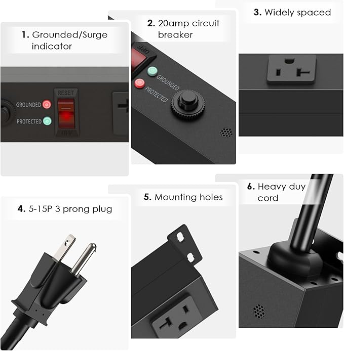 JUNNUJ Long Metal 16 Outlet Power Strip, Heavy Duty Power Strips Surge Protection 4800J with Circuit Breaker, 20a Wide Spaced Socket Wall Mount 5-15P Adapter High Amp 6-20R T-Slot 10FT Extension Cord