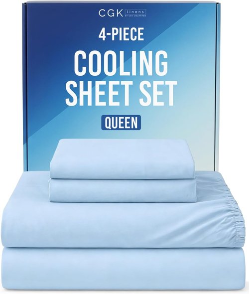 Cooling Sheets Set | Skiennix Queen Size 4-Piece Bedding for Hot Sleepers - Soft, Breathable, Lightweight - Deep Pockets 8" to 16" - Sky Blue
