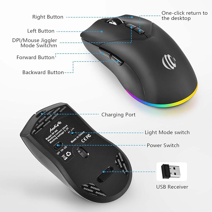 Mouse Wireless, Bluetooth Rechargeable Mouse, Dual Mode BT 5.2 + 2.4G USB Silent Wireless Bluetooth Mouse, RGB Ergonomic Portable 3-Level 1600 DPI Mouse for Laptop, iPad, MacBook Air Pro, PC, Black
