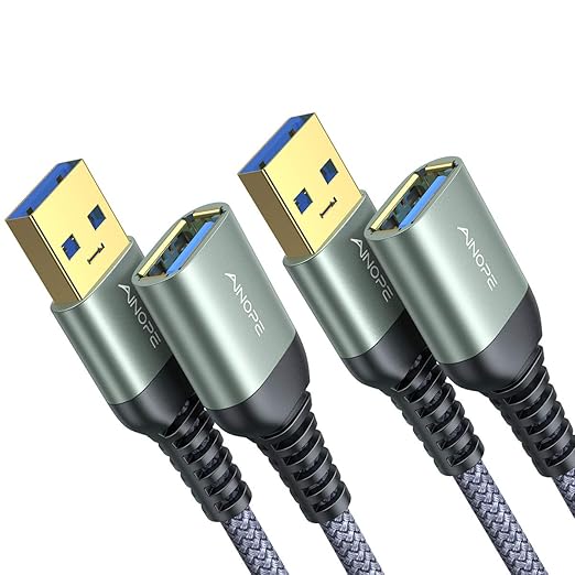 AINOPE 2 Pack USB Extensions Cable High Speed USB 3.0 Extension Cord Type A Male to Female Sturdy Braided Material Fast Data Transfer Compatible with USB Keyboard,Mouse,Flash Drive,Grey,10FT+10FT