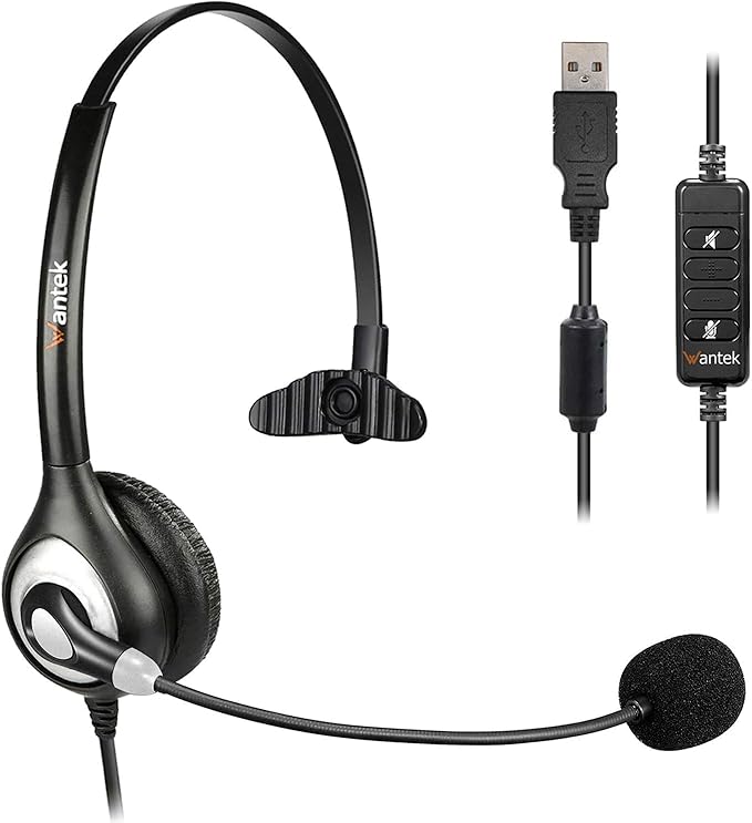 Wantek USB Headset with Microphone Noise Cancelling & Audio Controls, Computer Headphones for PC Laptop, Business, Home Office, Call Center, Skype, Zoom, Webinar, Clear Chat, Super Light,Single