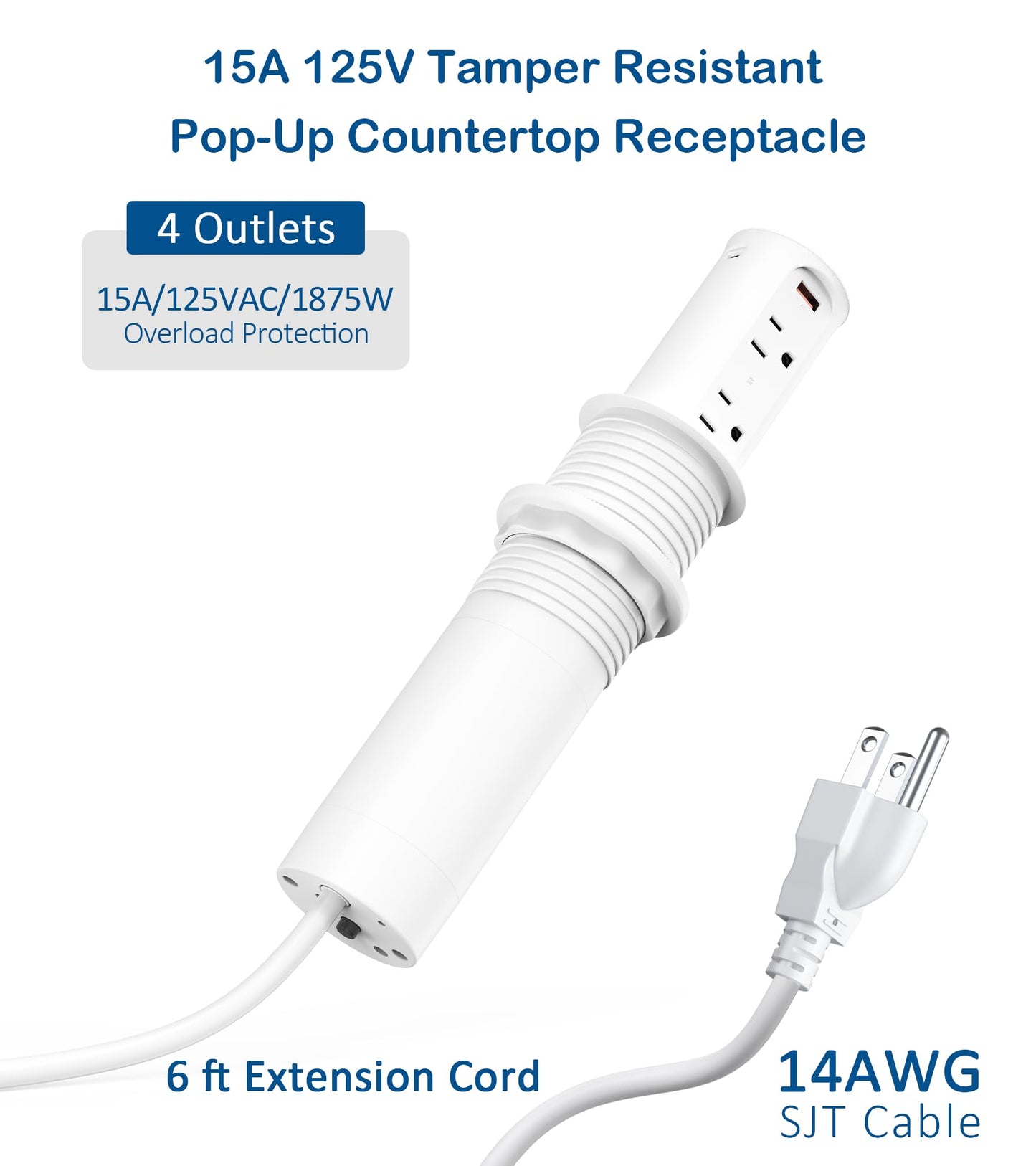 Pop up Outlet for Countertop,2.5-inch Hole Desktop Power Grommet,Recessed Power Strip,20W USB C Fast Charging,4 Outlets 4 USB Ports,15Amp Tamper Resistant Receptacle,White