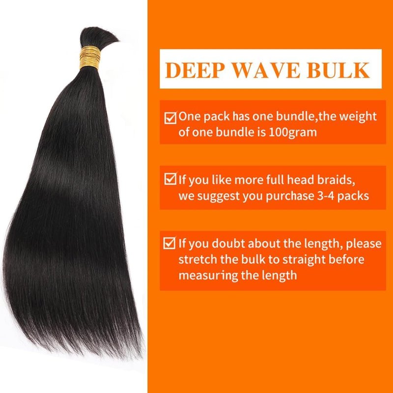 Human Braiding Hair Extensions - 20 Inch Straight Bulk Virgin Hair for Boho Braids | Natural Black, 100g