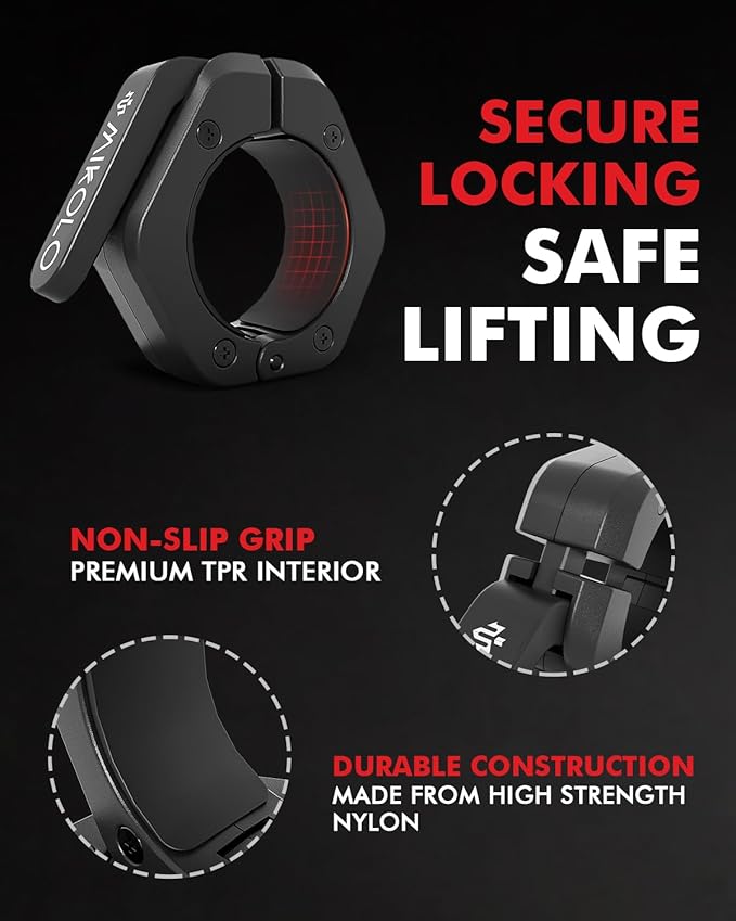 Mikolo Barbell Clamps,2-Inch Olympic Barbell Clips with Anti-Slip TPR Lining and Quick Release for Home and Gym Use(Non Magnetic Black)