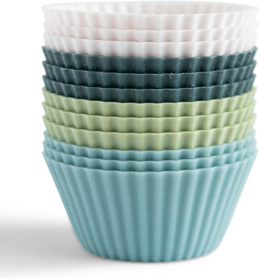 Skiennix Silicone Baking Cups - Reusable Muffin Liners, BPA Free, 12 Pack in White, Blue & Green