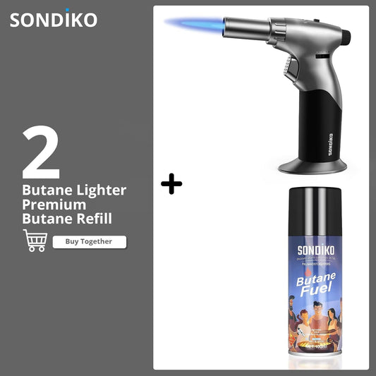 Sondiko Kitchen Torch - Butane Refillable Blow Torch for BBQ & Crème Brûlée | Sleek Black Design