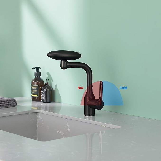 Bathroom Sink Faucet 1 Hole, Matte Black Multifunctional Basin Faucet with 4 Water Outlet Modes, Modern 360°Rotatable Bar Tap with Two Water Supply Pipes