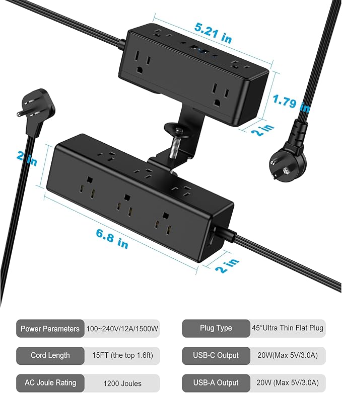 Dual Layer Desk Clamp Power Strip, Desktop Edge Mount Surge Protector with 15 AC Outlets & 4 USB Ports(20W USB-C), Ultra Thin Flat Plug & 15FT Power Cord for Office Home(ETL Listed)