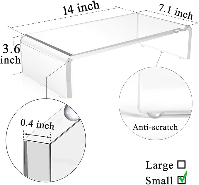 VAOLLO Clear Monitor Stand Riser, Computer Monitor Stand/Acrylic Monitor Riser for Home Office Laptop, PC Desk Stand for Keyboard Storage & Multi-Media Laptop Printer TV Screen (14"/7.1"/3.6")