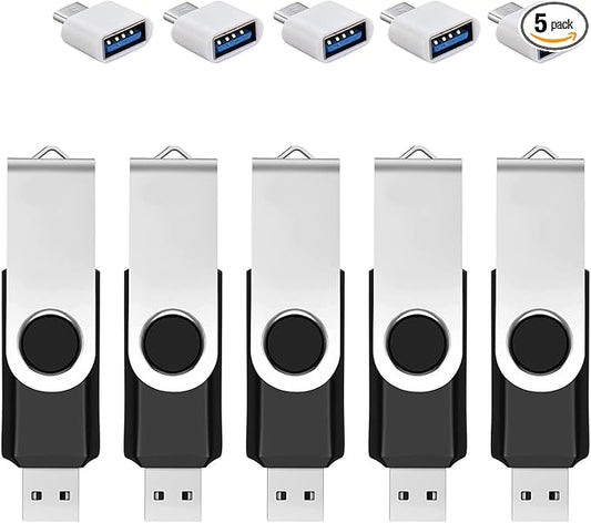 5 Pack 64GB USB Flash Drive with Type C Adapter and Storage Box USB 2.0 High Speed Metal Pen Drive 360° Rotatable Storage Memory Stick for Phone/Pad/PC/Laptop/Android - Black(5-Pack 64GB)