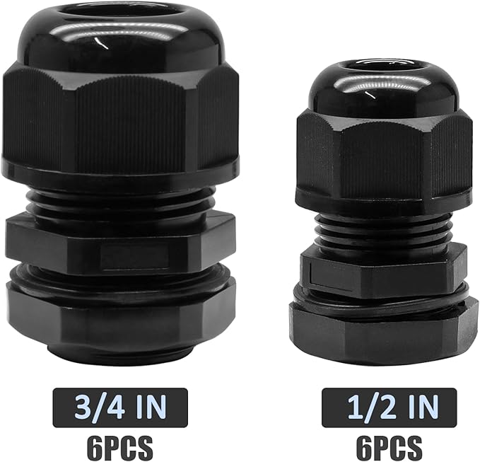 Kyuionty 12 Pcs Nylon Cable Glands, Black Strain Relief Cable Cord Connector IP68 Waterproof Junction Box Wire Protectors Adjustable (6 Pcs 3/4" NPT + 6 Pcs 1/2" NPT)