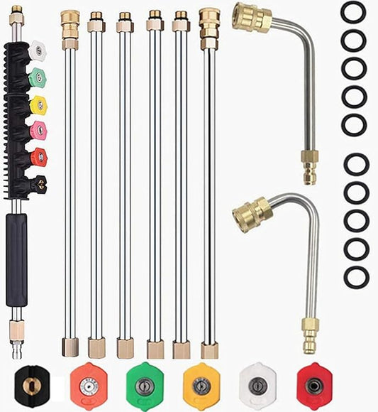 Selkie 120inch Stainless Steel Pressure Washer Extension Wand Power Washer Lance with Spray Nozzle Tips,30Â°,90Â°Curved Rod, 1/4ââQuick Connect, Replacement for Anti-Leaked Ring 4000 PSIâ¦