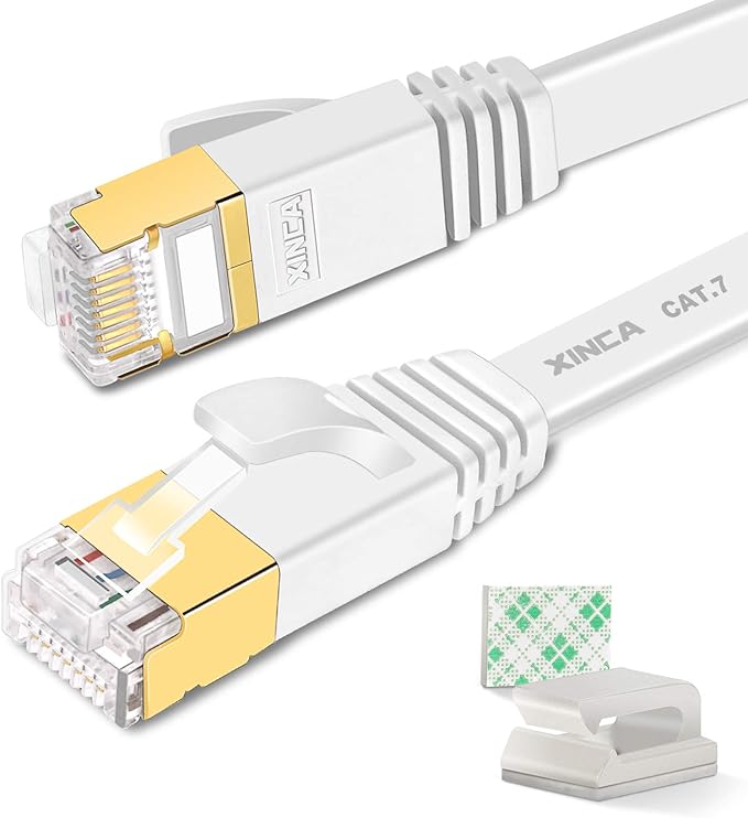 XINCA Cat 7 Flat Ethernet Cable 50ft White, High Speed 10GB Shielded (STP) LAN Internet Network Cable Ethernet Patch Computer Cable with Rj45 Connectors and 25pcs Adhesive Cable Clips