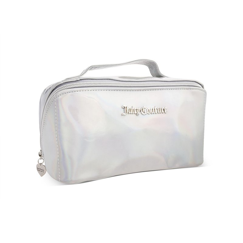 Juicy Couture White Makeup Bag Cosmetics Organizer Travel Essentials Cross Zip Iridescent