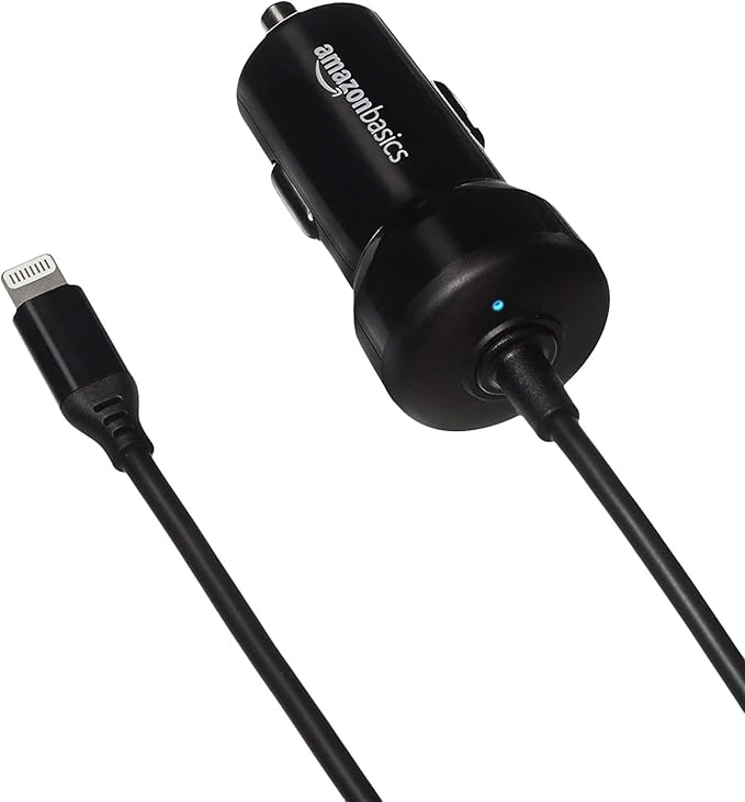 Amazon Basics MFi Certified 12W (5V, 2.4A) Car Charger with Lightning Cable for iPhone and Apple Devices, 3 ft, Black
