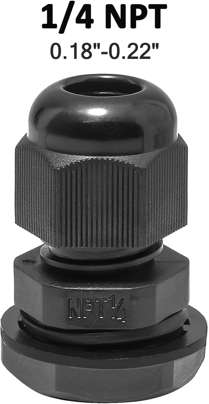 Bonsicoky 20 Pcs 1/4" NPT Nylon Cable Glands, IP68 Waterproof Adjustable Cord Grip Cable Connector Strain Relief Wire Protectors for 4-6mm Cable Diameter, Black