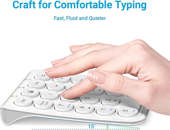 iClever KP08 Wireless Numeric Keypad, 22 Keys Bluetooth Number Pad Portable Number Keyboard, USB-C Rechargeable Numpad, Round Key, Data Entry, Compatible with Laptop, PC Desktop, Mac, Surface,Tablet