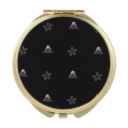 FORTUNA Tokyo Compact Mirror, Nishijin Textile Silk Hand Mirror, Double-Sided Mirror, Magnifier, Made in Japan, Round Size, Mt. Fuji and Cherry Blossom Pattern -18, Hokusai (Black/Gold)