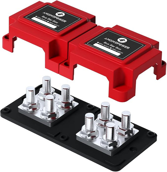 AMOMD 400A Bus Bar 8 M10 (3/8 inch) Terminal Studs Modular Design Tin Plated Copper Distribution Block Positive Pole Electrical Buss Bars 12-48 V DC with Cover for Trailer Marine Boat Car RV