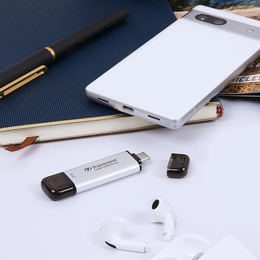 Transcend ESD310 2TB External SSD, Up to 1,050MB/s, Dual USB Drive for iPhone17,16,15, iPad&Mac/Pixel10/Tesla/Steam Deck/ROG Ally/MSI Claw/Android/PS5, 2-in-1 TypeC &A, USB3.2Gen2 Portable SSD-Silver