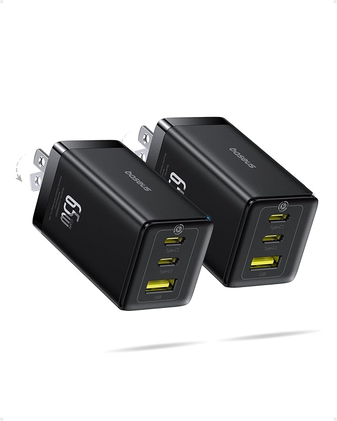 Baseus 2 Pack 65W USB C Charger Block, PPS 3-Port Fast Compact Foldable USB C Charger for MacBook, iPad Pro, Galaxy S24, iPhone 17/16 and More Series