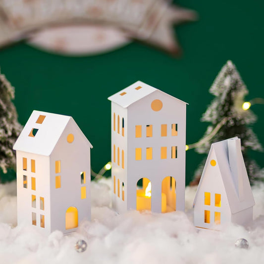 Romadedi White Christmas Village Set - Light Up Candle Holders for Home Decor | Set of 3