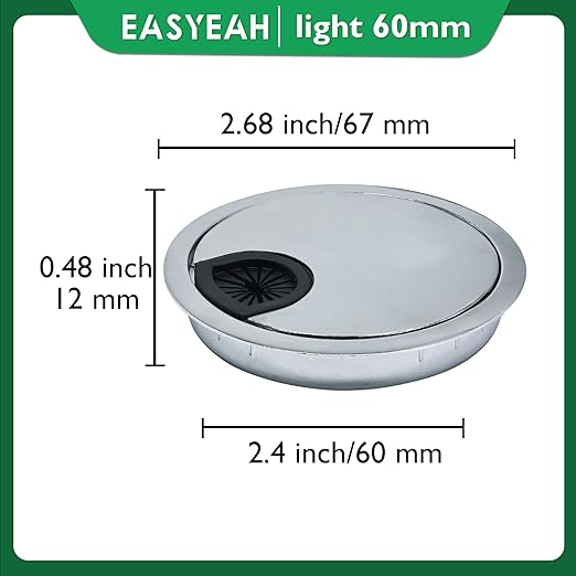 EASYEAH 1 Pcs Desk Grommet 2-3/8" / 60 mm, Desk Cord Hole Cover, Cable Grommet Metal Zinc Alloy Materilal, Desk Hole Grommet for Home & Office Pc, Detachable Cable Cord Organizer-Bright Silver