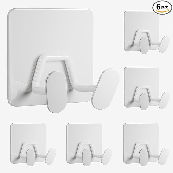 susswiff Adhesive Shower Hooks for Bathroom - Extra Sticky Stainless, Wall Hooks for Hanging Towel, Razor, Loofah, Robe, Coat, Heavy Duty Hanger for Kitchen, Bedroom, Door, Metal, Matt White, 6 Pack