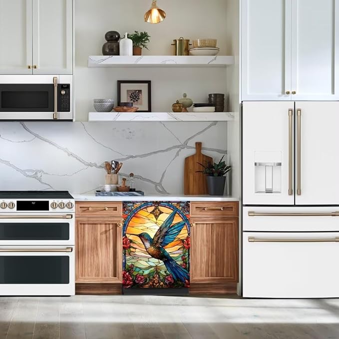 Hummingbird Dishwasher Covers for The Front, Stained Glass Window Refrigerator Door Cover Decals, Colorful Flower Vinyl Decal for Dishwasher, (23" x 26" Ordinary)