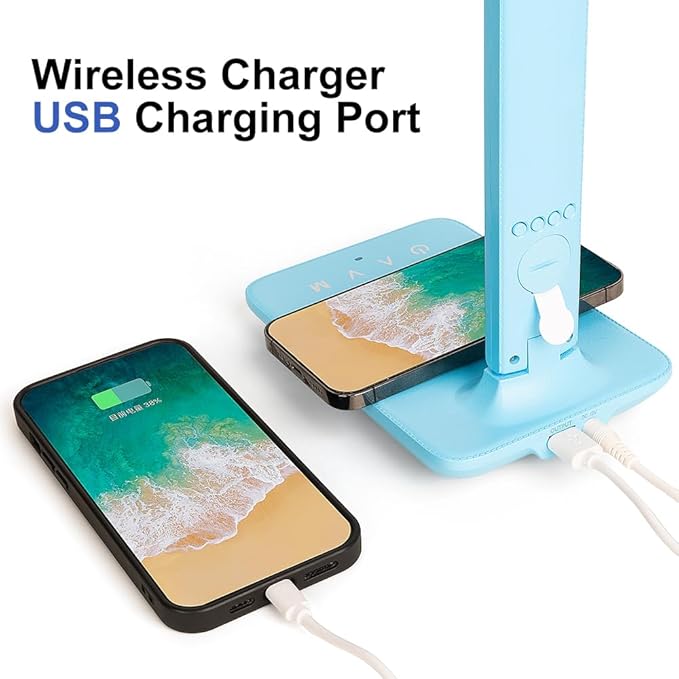 wanjiaone Multifunctional LED Desk Lamp with Wireless Charger,USB Charging Port,Clock,Phone Holder,Desk Lamps for Home Office,Eye-Caring Reading Lamp,Study Lamp for Boys,Girls,Teens,Blue