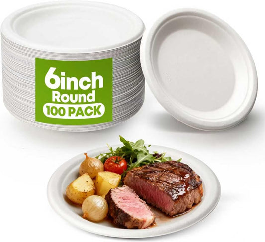 W&Y 100 Pack Heavy-Duty 6-Inch Disposable Paper Plates - Compostable, Microwave-Safe & Leak-Proof