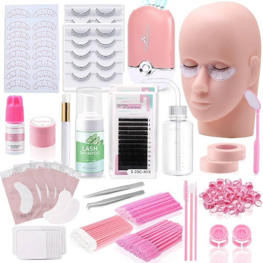 Vznffur Lash Extension kit for Beginners, Eyelash Extension Kit with Mannequin Head, Lash Starter Kit with Everything Eyelash Glue USB Fan Cosmetology Esthetician Supplies for Practice Training