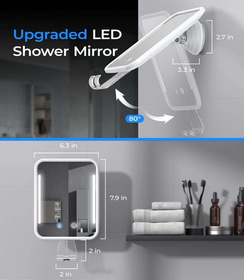 Gospire Heated Shower Mirror Fogless for Shaving with Light, 5000mAh Rechargeable Battery, Detachable Suction Cup and Razor Holder for Wall, NO-Drilling, Removable, Waterproof for Bathroom - White