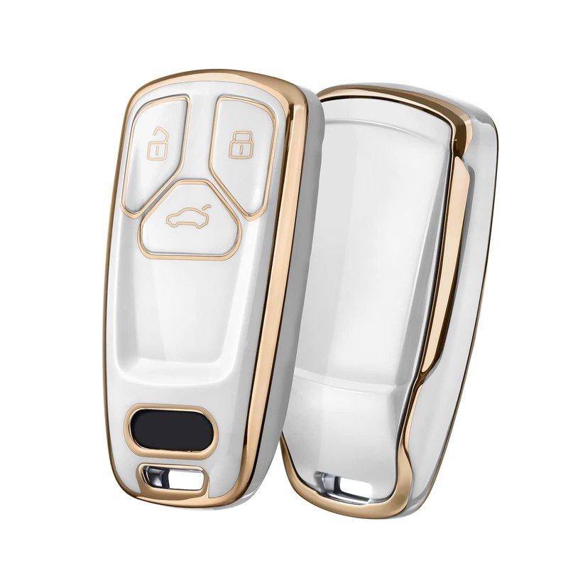 ELOHEI for Audi Key Fob Cover, Premium Soft TPU 360 Degree Full Protection Key Case Accessories Compatible with Audi A4 Q7 Q5 TT A3 A6 SQ5 R8 S5 Smart Key(Gold Edge White)