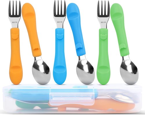 Bakpoco 6PCS Toddler Utensils Set - 316 Stainless Steel Baby Forks & Spoons with Silicone Handles - BPA Free, Dishwasher Safe, Bright Colors