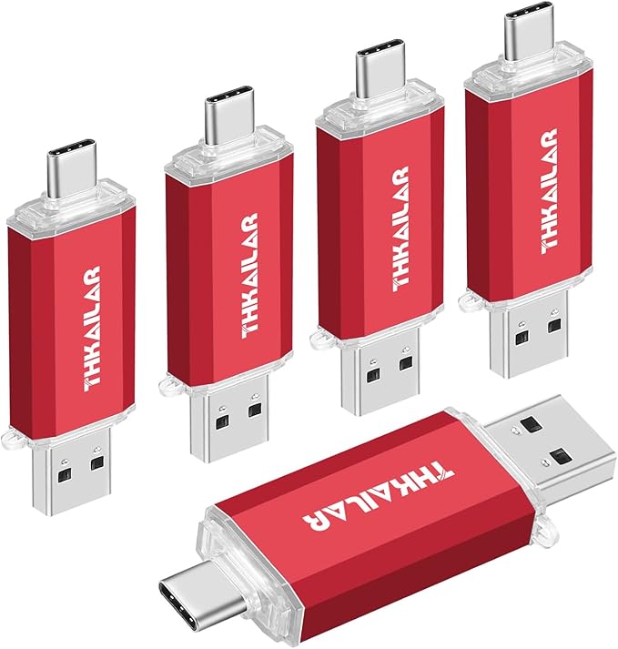 Thkailar 5 Pack 32GB USB C Flash Drive OTG High Speed for Store Data-USB 3.0 Thumb Drive C Jump Drive-Compatible iPhone 15, Android Phones,Mac Pro,Laptops,Tablets,PC(Red)