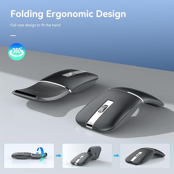 WFB 180° Flip Ultra-Thin Wireless Mouse, Bluetooth 5.0 & 2.4GHz Rechargeable Silent Travel Mouse, Ergonomic Rotatable Design for Laptop, PC, MacBook, Chromebook