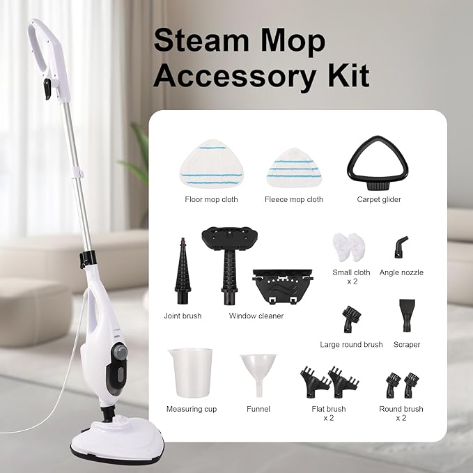 11-in-1 Steam Mop, 1550W Powerful Handheld Steam Cleaner, 260Â°F Multi-Functional Floor Steamer with 21.3FT Cord for Floors, Hardwood, Tiles, Grout, Windows, Kitchen, Bath, Adjustable (White)