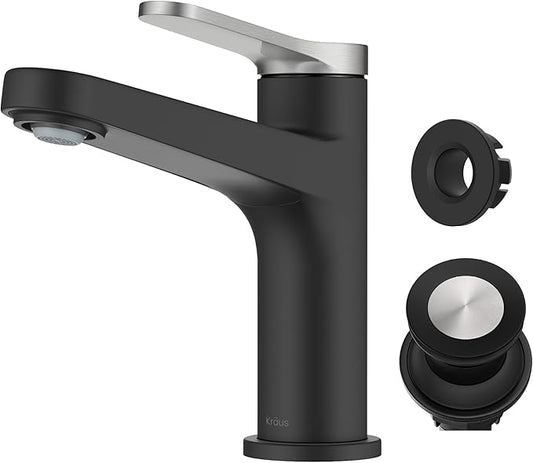 KRAUS Indy Single Handle One Hole Bathroom Sink Faucet in Spot-Free Brushed Nickel/Matte Black, KBF-1411SFBNMB