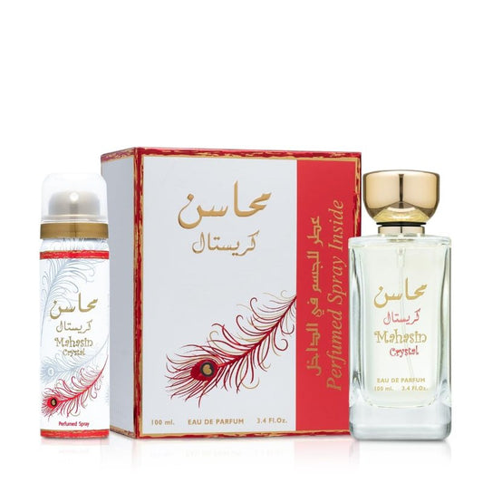 Lattafa Perfumes Mahasin Crystal 2-Piece Set for Women, (3.4 Ounce Eau De Parfum Spray + 1.7 Deodorant Spray)