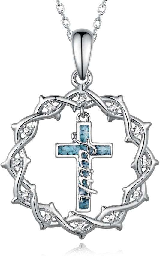 Regine Switzerland 925 Sterling Silver Cross Necklace - Turquoise Crown of Thorns Pendant for Women