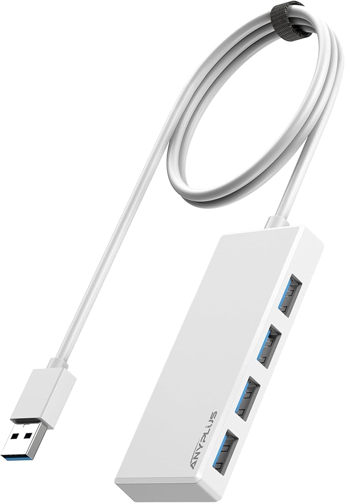 ANYPLUS USB Hub, Multiport USB Splitter Adapter, 2 ft Long Cable USB 3.0 Hub, USB Extender for Laptop, PC, iMac, Surface Pro, MacBook, Mac Pro, Flash Drive, XPS, Mouse, HDD【White】, HJ-White-0.5M-001